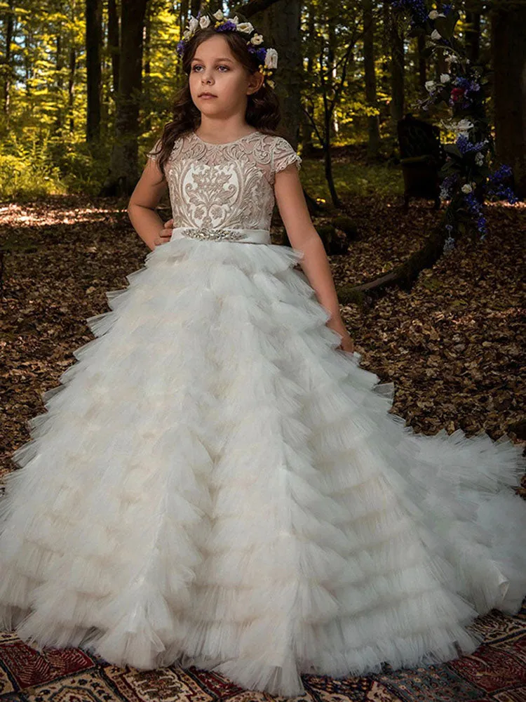 Jewel Neck Short Sleeves Embroidered Kids Party Dresses