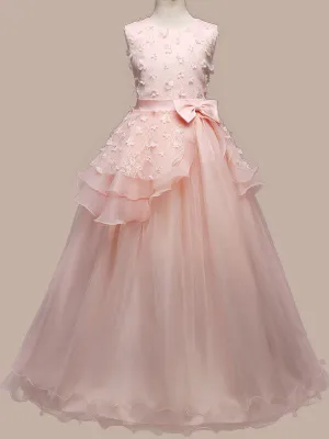 Jewel Neck Sleeveless Floor Length Bows Kids Pageant Party Dresses