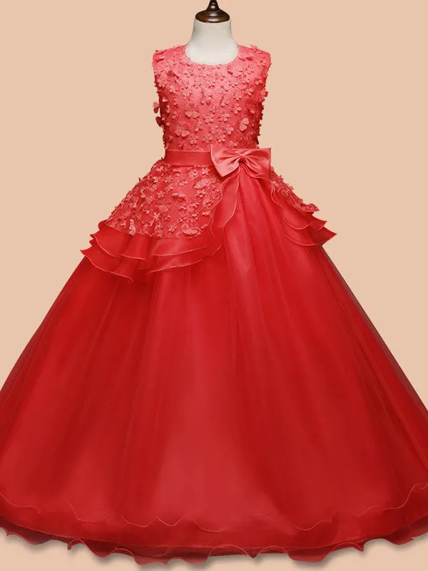 Jewel Neck Sleeveless Floor Length Bows Kids Pageant Party Dresses