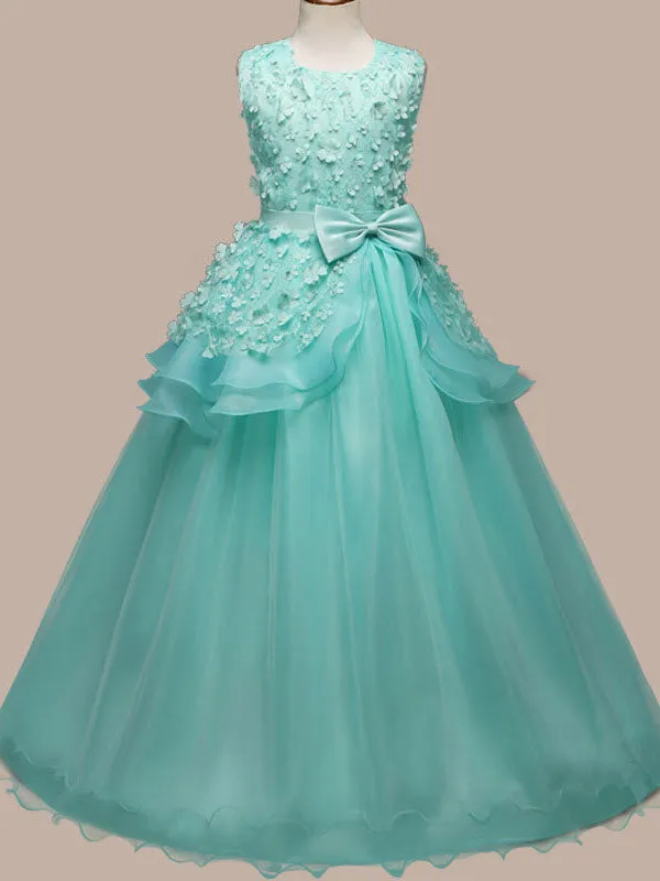 Jewel Neck Sleeveless Floor Length Bows Kids Pageant Party Dresses