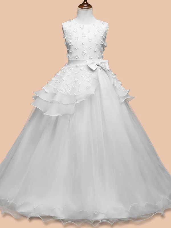 Jewel Neck Sleeveless Floor Length Bows Kids Pageant Party Dresses