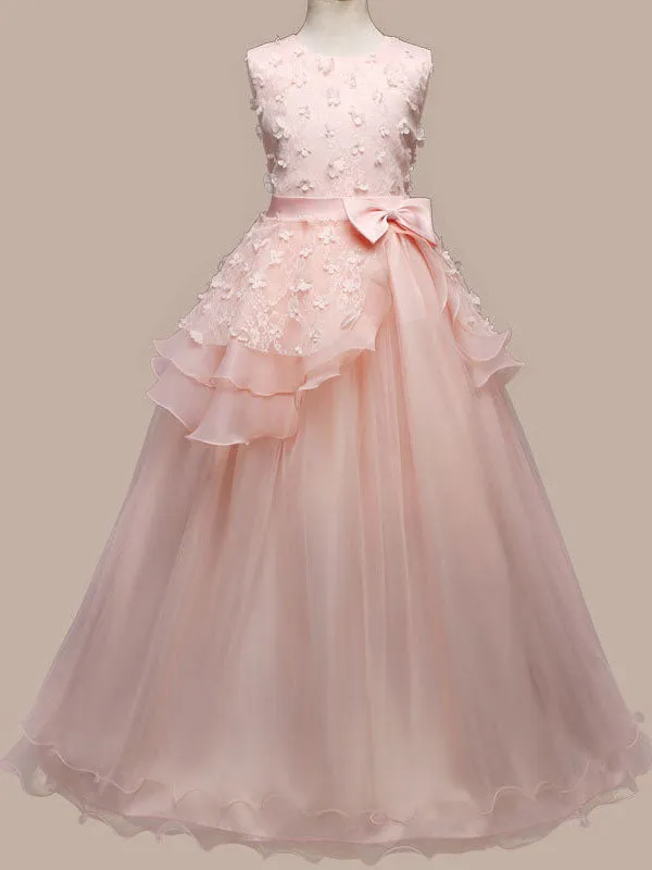 Jewel Neck Sleeveless Floor Length Bows Kids Pageant Party Dresses