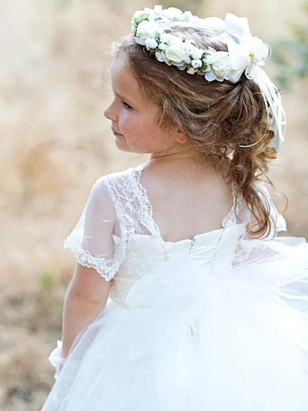 Jewel Neck Tulle Short Sleeves Princess Bows Formal Kids Pageant flower girl dresses