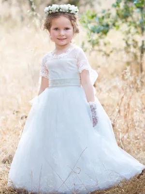 Jewel Neck Tulle Short Sleeves Princess Bows Formal Kids Pageant flower girl dresses