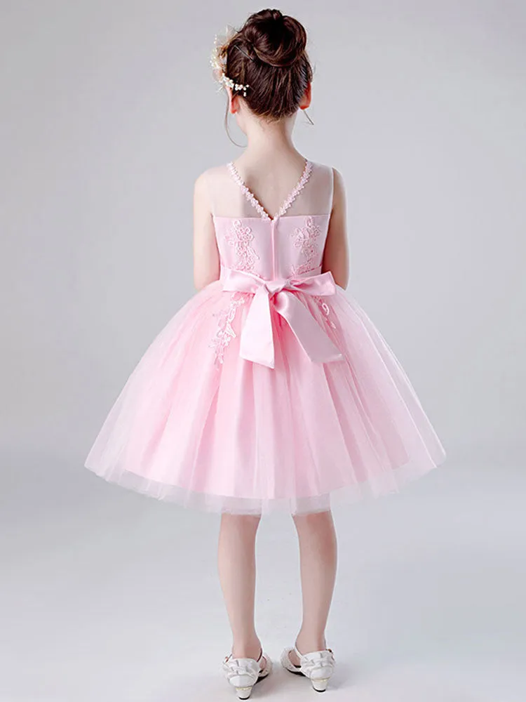 Jewel Neck Tulle Sleeveless Short Princess Embroidered Kids Social Party Dresses