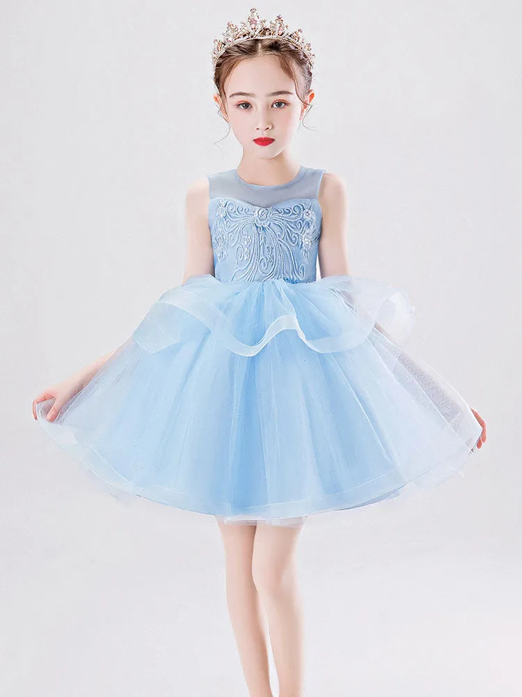 Jewel Neck Tulle Sleeveless Short Princess Kids Social Party Dresses