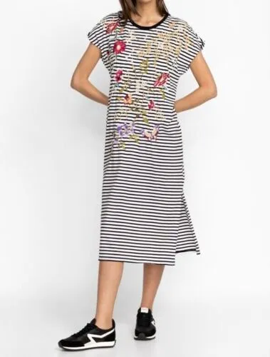 Johnny Was Osaka Relaxed Knit Dress Cotton Floral Embroidery Stripe Black M NEW