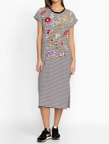 Johnny Was Osaka Relaxed Knit Dress Cotton Floral Embroidery Stripe Black M NEW
