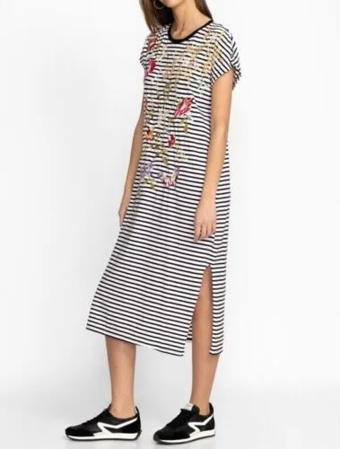 Johnny Was Osaka Relaxed Knit Dress Cotton Floral Embroidery Stripe Black M NEW