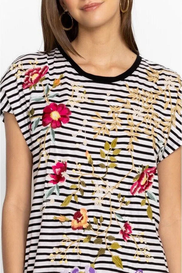 Johnny Was Osaka Relaxed Knit Dress Cotton Floral Embroidery Stripe Black M NEW