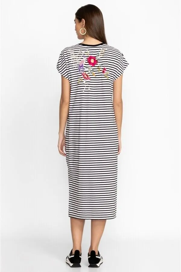 Johnny Was Osaka Relaxed Knit Dress Cotton Floral Embroidery Stripe Black M NEW