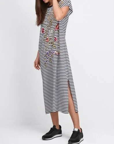 Johnny Was Osaka Relaxed Knit Dress Cotton Floral Embroidery Stripe Black M NEW