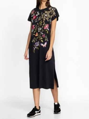 Johnny Was Osaka Relaxed Knit Dress Cotton Floral Embroidery Stripe Black M NEW