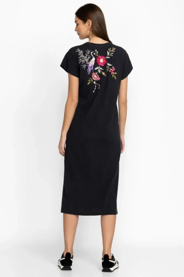 Johnny Was Osaka Relaxed Knit Dress Cotton Floral Embroidery Stripe Black M NEW