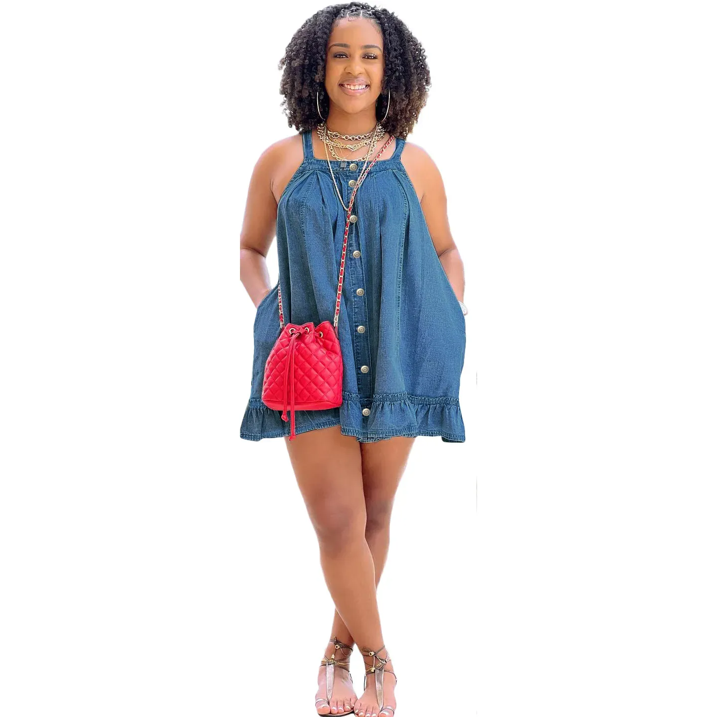 Kaelin Ruffle Hem Sleeveless Denim Mini Babydoll Dress