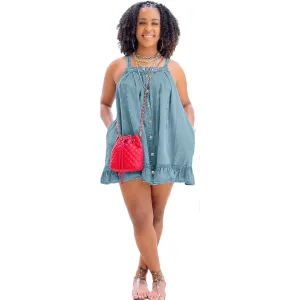 Kaelin Ruffle Hem Sleeveless Denim Mini Babydoll Dress
