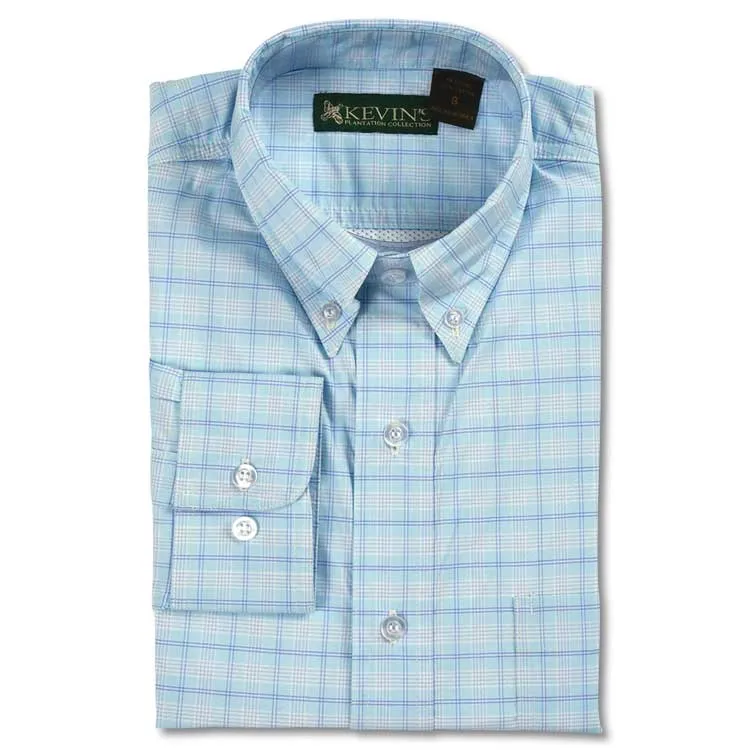 Kevin's Aqua/Blue Checked Performance Long Sleeve Dress Shirt
