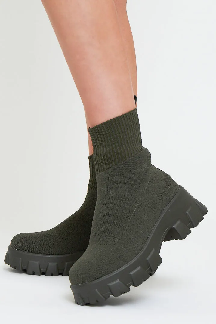 Khaki Ankle High Chunky Sole Sock Boots - Bana