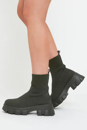 Khaki Ankle High Chunky Sole Sock Boots - Bana