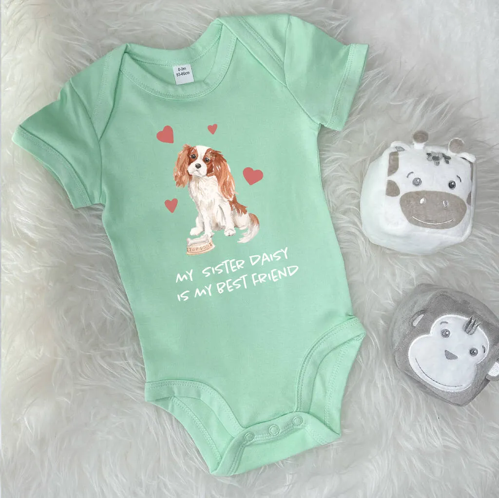 King Charles Cavalier Dog Sibling Personalised Babygrow