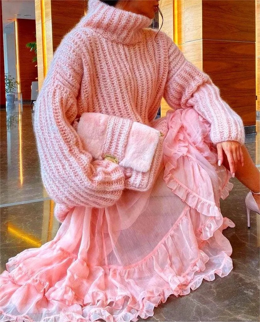 Knitted sweater fluffy long-sleeved turtleneck