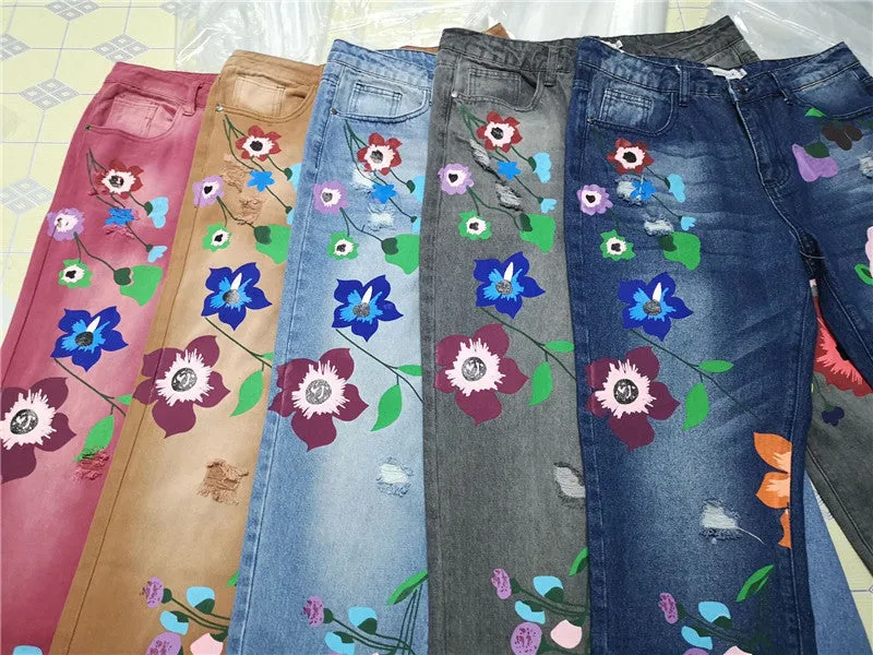Lady Casual Straight Pants Ripped Jeans Printing Denim Pants