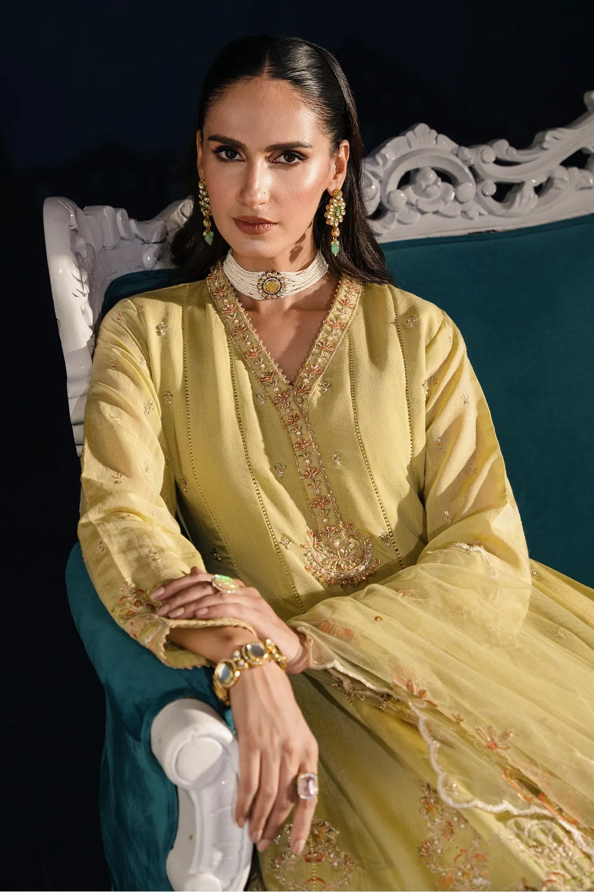 Lemon Green Embroidered Pakistani Party Wear Frock Trousers Dupatta