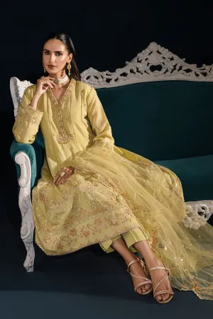 Lemon Green Embroidered Pakistani Party Wear Frock Trousers Dupatta