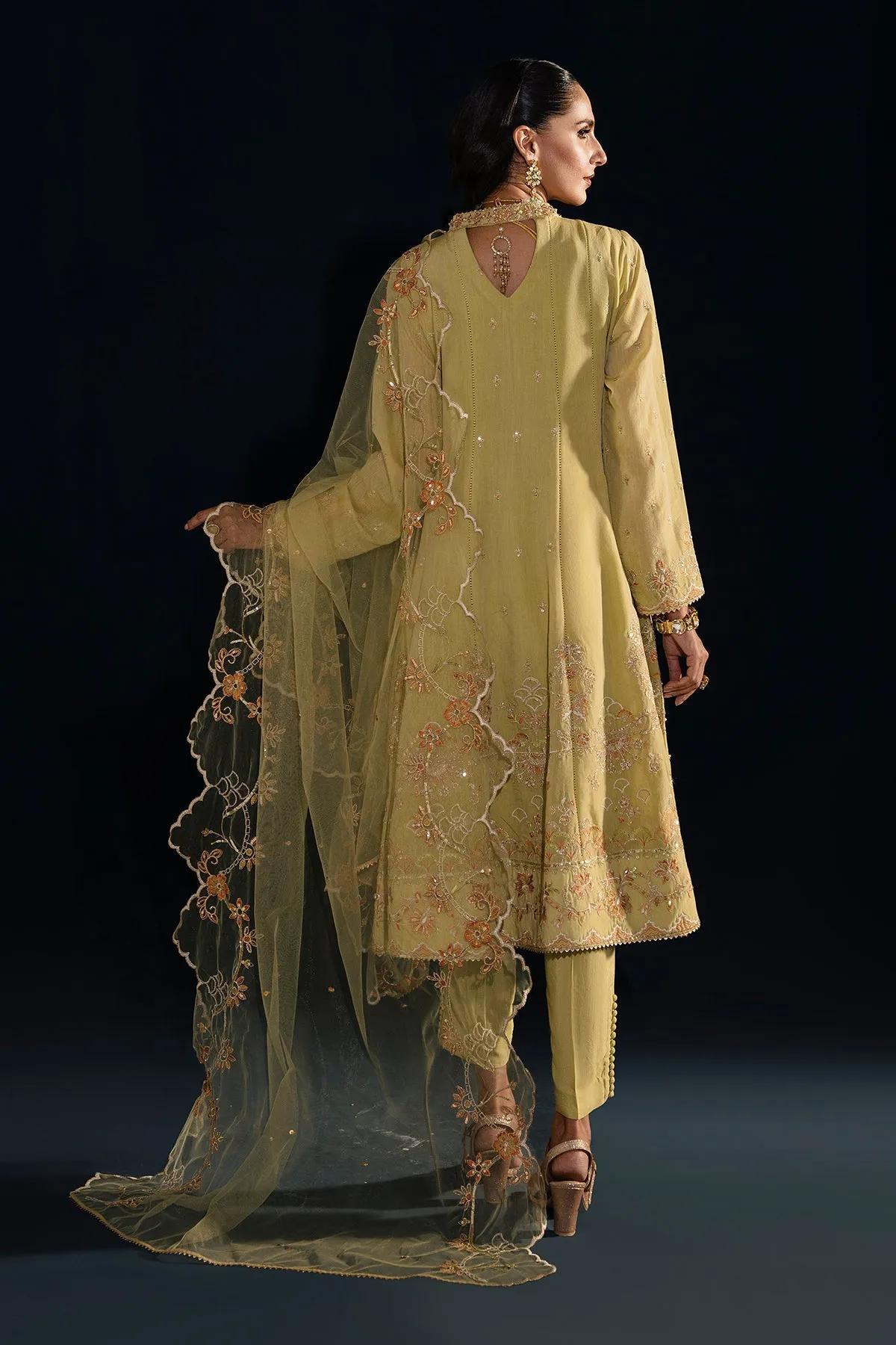 Lemon Green Embroidered Pakistani Party Wear Frock Trousers Dupatta