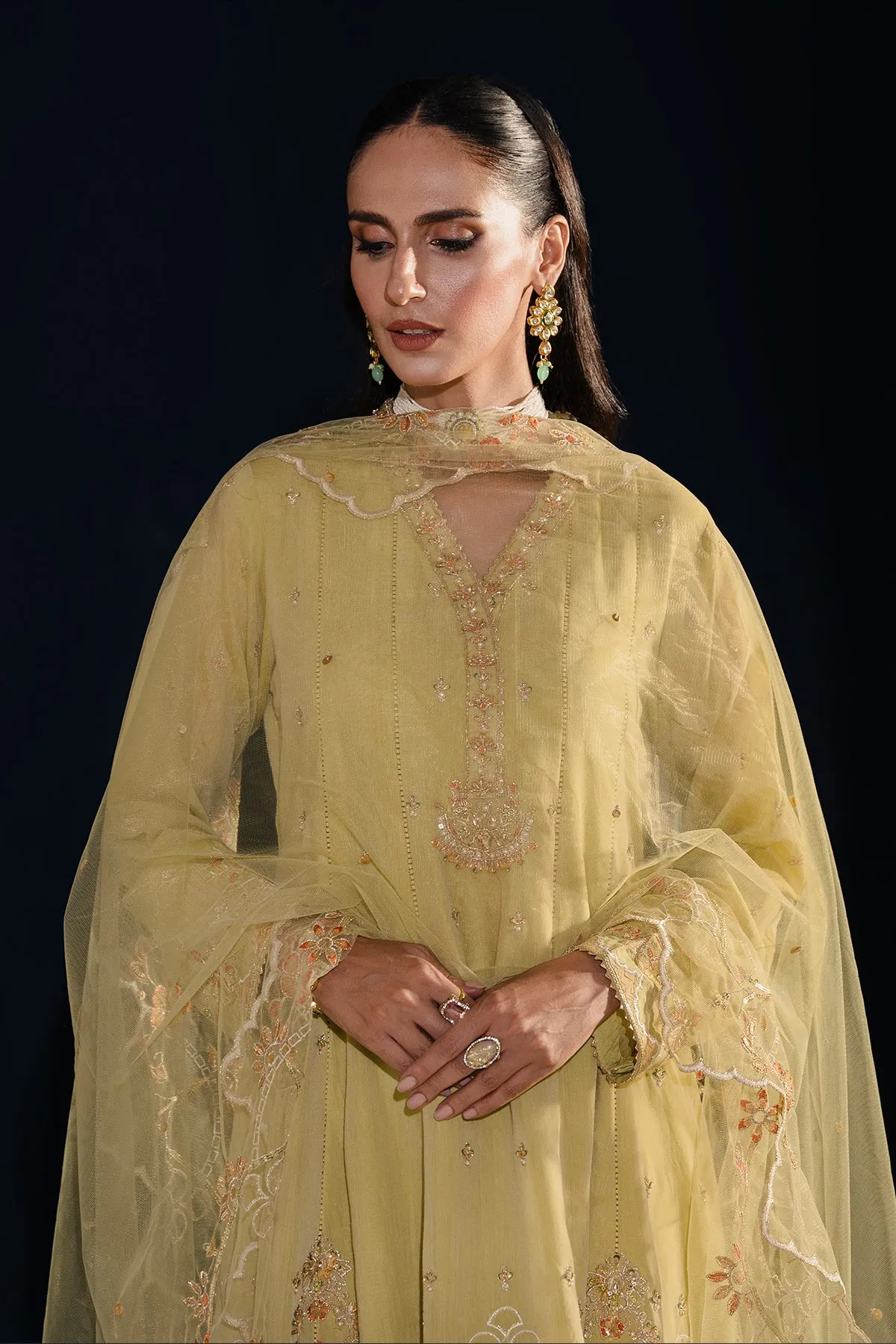 Lemon Green Embroidered Pakistani Party Wear Frock Trousers Dupatta