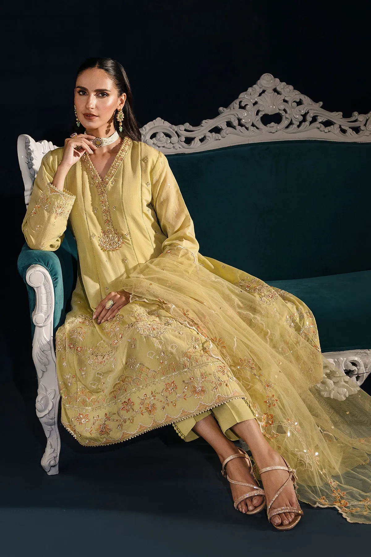 Lemon Green Embroidered Pakistani Party Wear Frock Trousers Dupatta