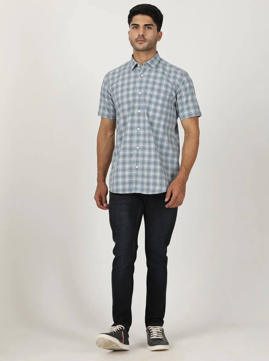 Light Blue Checked Smart Fit Semi Casual Shirt | Greenfibre