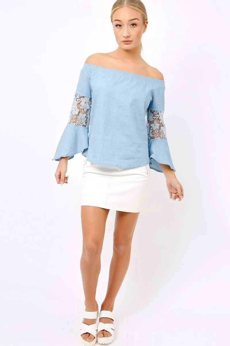 Light Denim Frill Sleeve Crochet Bardot Top - Jayda