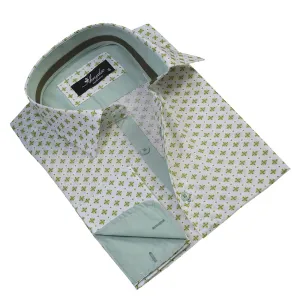 Light Green with Pattern Mens Slim Fit French Cuff Shirts with Cufflink Holes - Casual and Formal