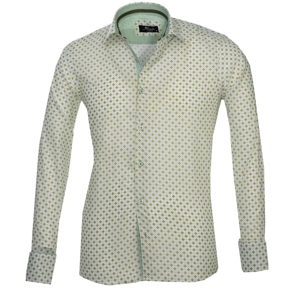 Light Green with Pattern Mens Slim Fit French Cuff Shirts with Cufflink Holes - Casual and Formal