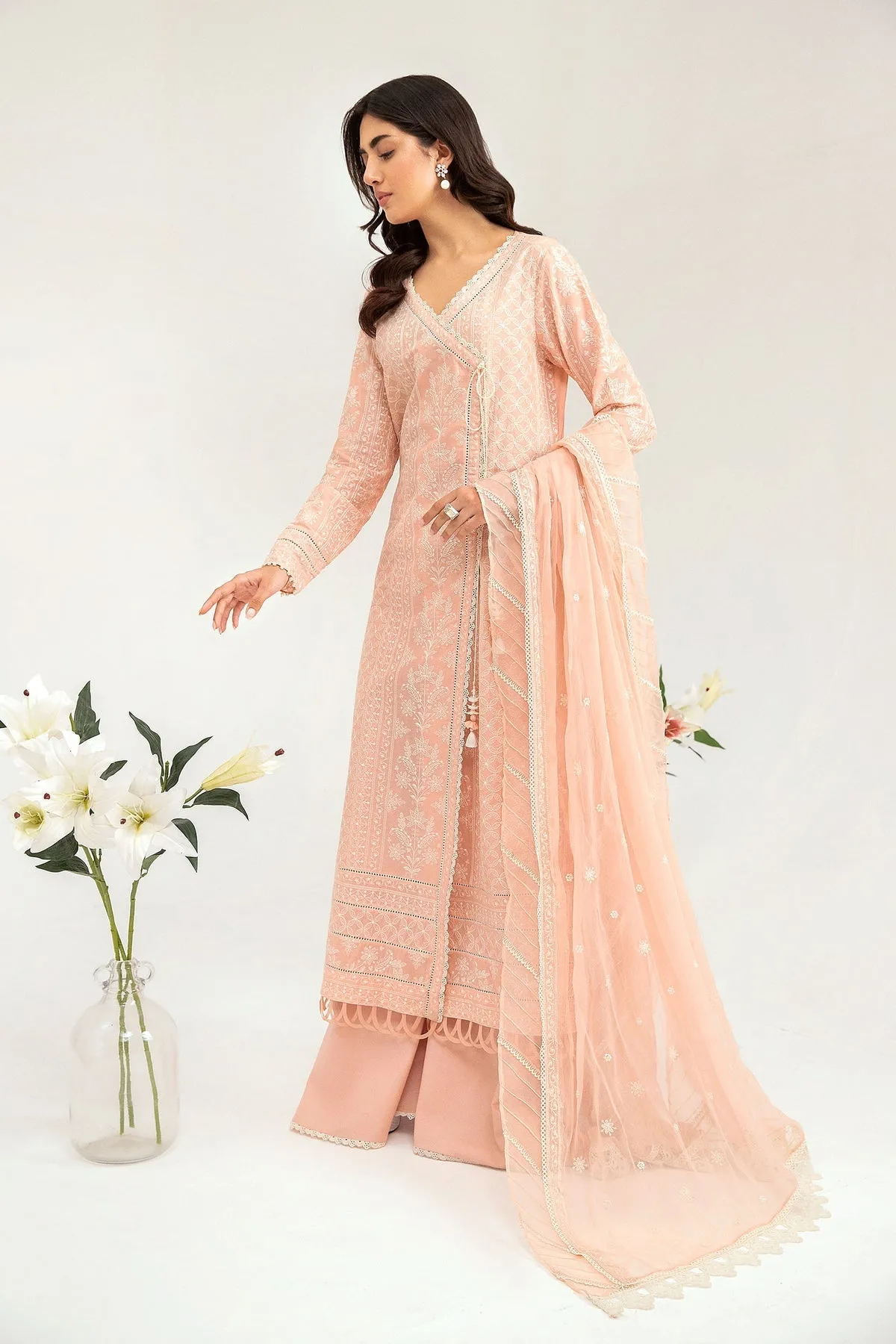 Light Peach Embroidered Pakistani Frock in Anghrakha Style Party Dress