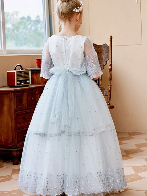 Light Pink Jewel Neck Short Sleeves Sash Lace Tulle Formal Kids Pageant flower girl dresses