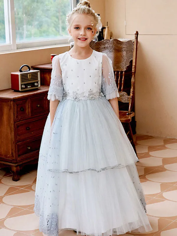 Light Pink Jewel Neck Short Sleeves Sash Lace Tulle Formal Kids Pageant flower girl dresses