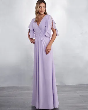Light Purple Long Bridesmaid Dresses with Half Sleeve V-Neck Party Gown Floor Length