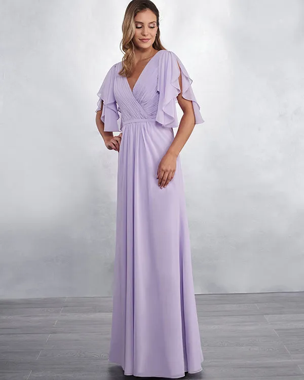 Light Purple Long Bridesmaid Dresses with Half Sleeve V-Neck Party Gown Floor Length