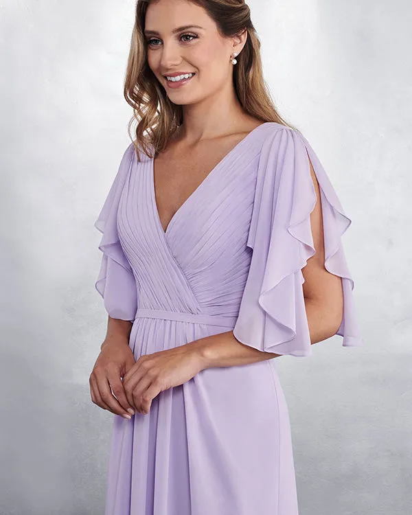 Light Purple Long Bridesmaid Dresses with Half Sleeve V-Neck Party Gown Floor Length