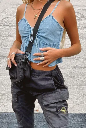 Light Wash Denim Cami Top with Bow Front - Sadie