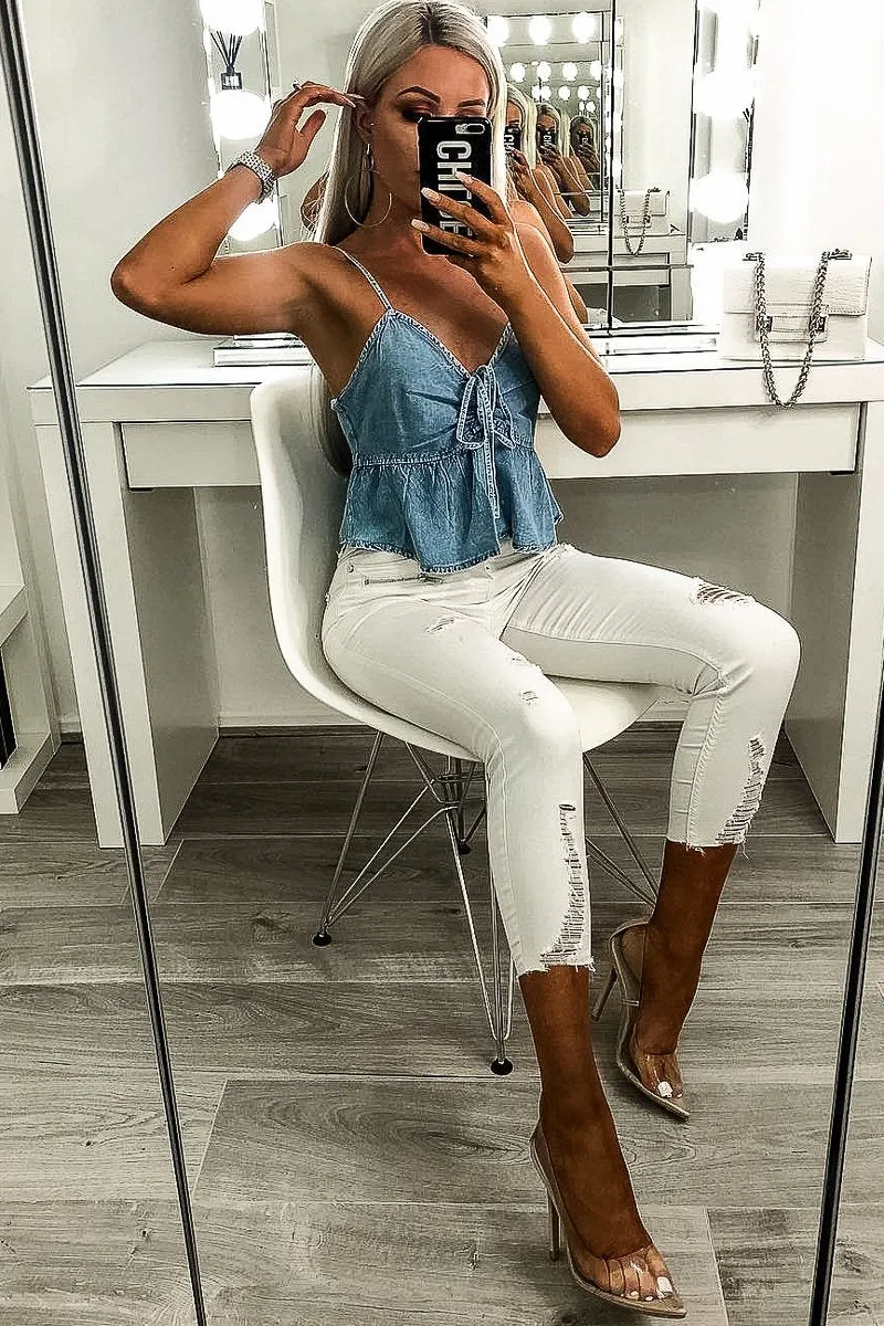 Light Wash Denim Cami Top with Bow Front - Sadie