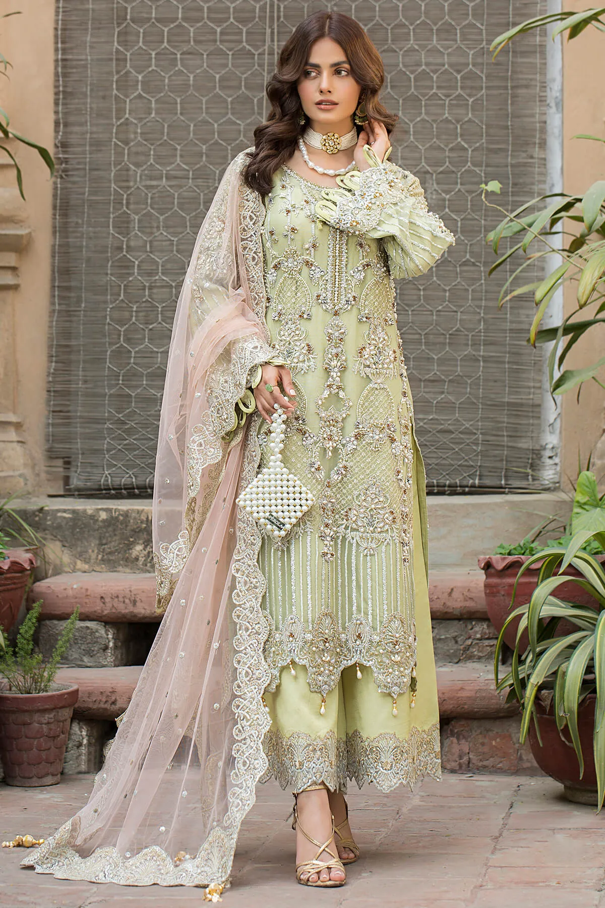 Light Yellow Hand Embellished Kameez and Trousers Pakistani Party Dress