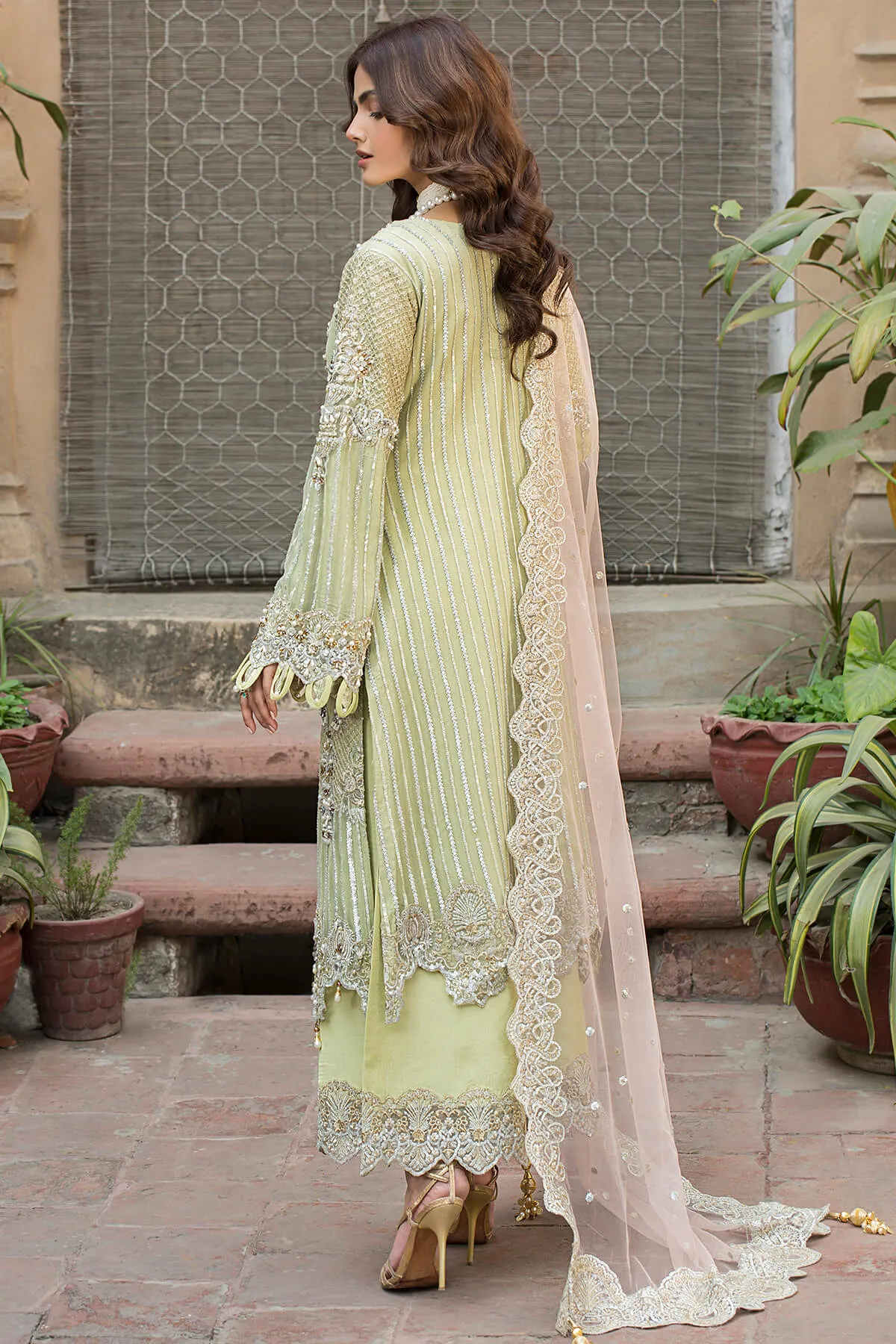 Light Yellow Hand Embellished Kameez and Trousers Pakistani Party Dress