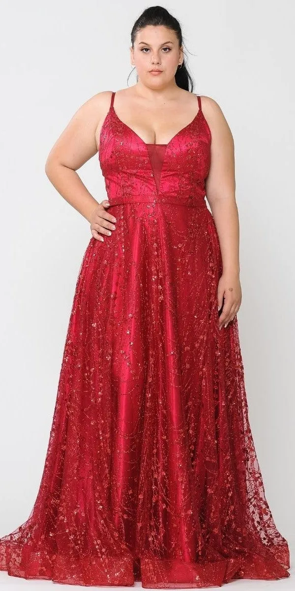 Lindas W1004 Floor Length Glitter Deep Illusion Neck Plus Size Dress