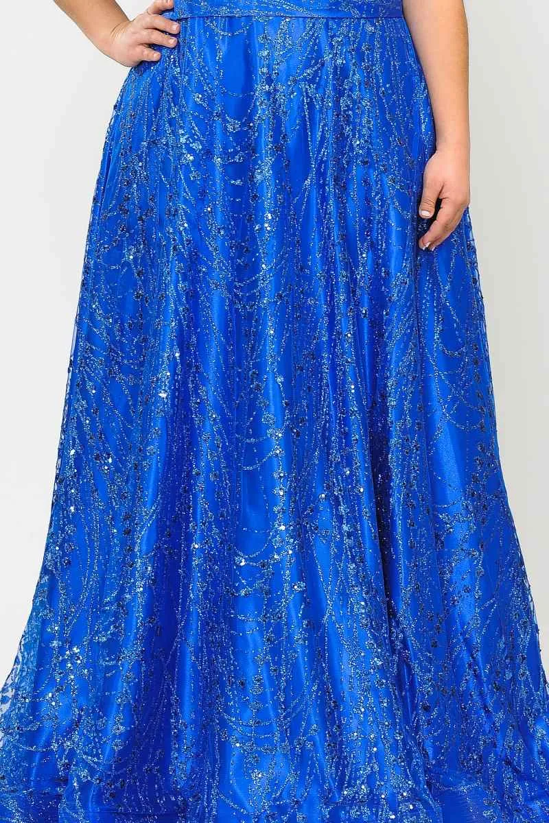 Lindas W1004 Floor Length Glitter Deep Illusion Neck Plus Size Dress