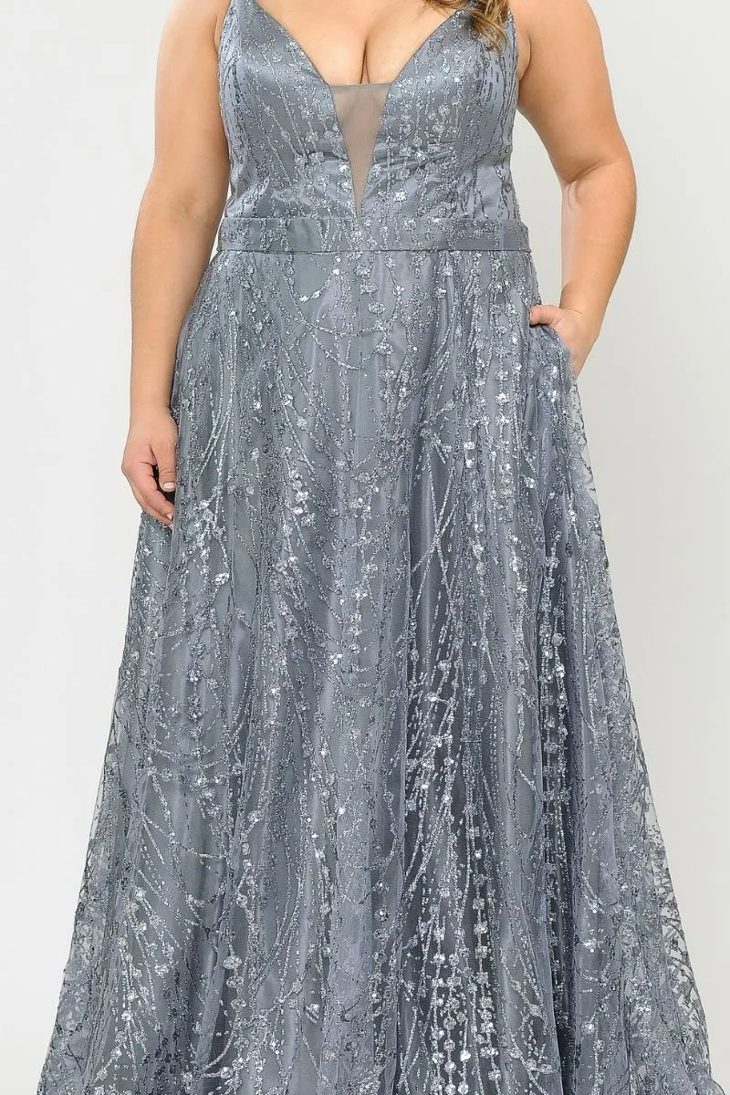 Lindas W1004 Floor Length Glitter Deep Illusion Neck Plus Size Dress