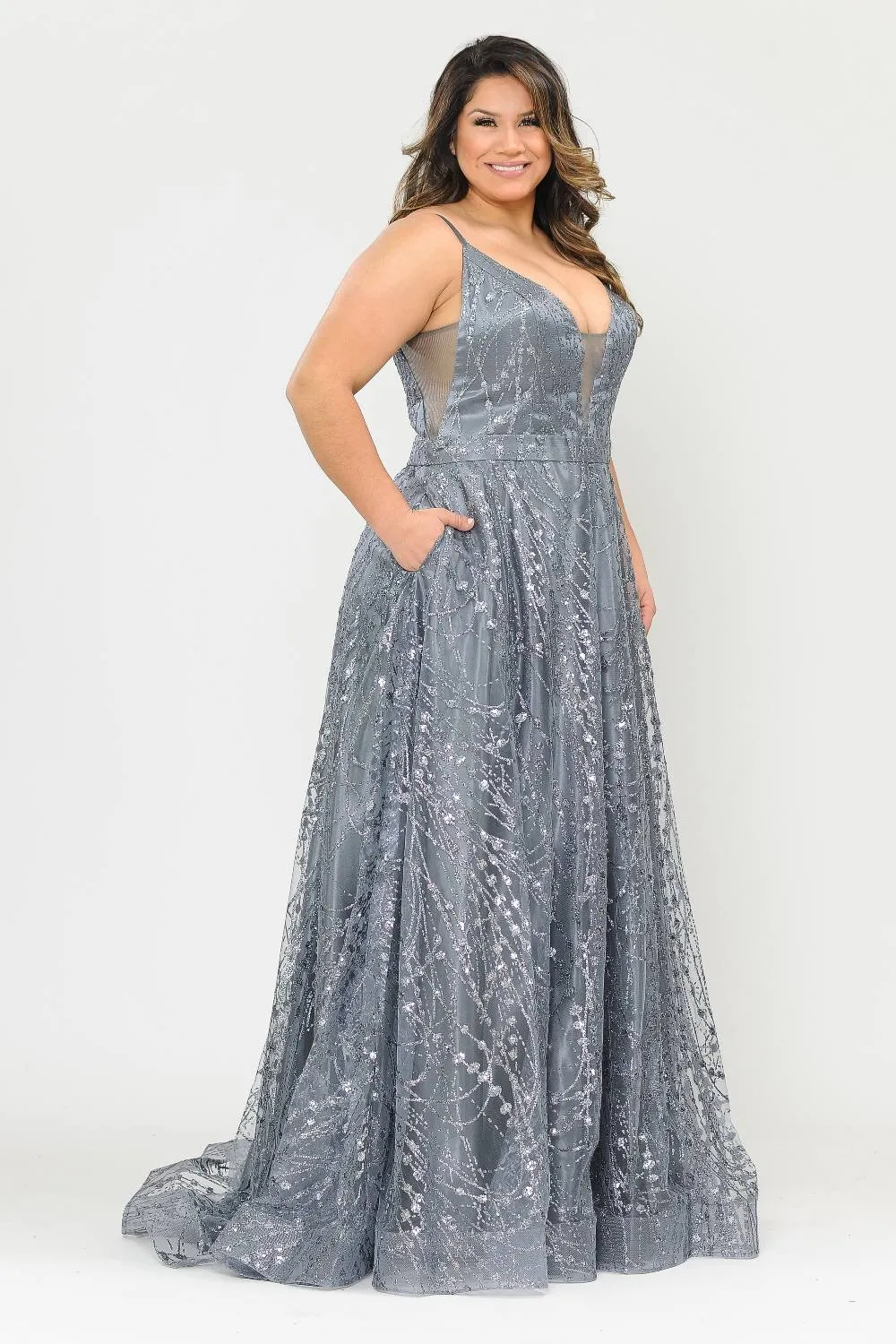 Lindas W1004 Floor Length Glitter Deep Illusion Neck Plus Size Dress
