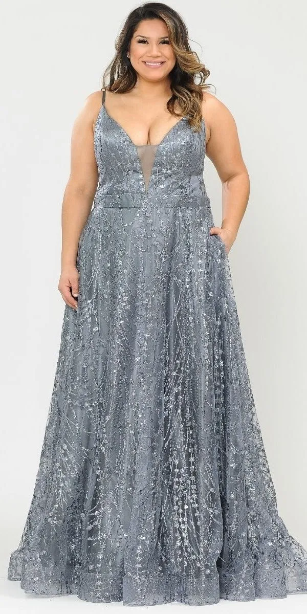 Lindas W1004 Floor Length Glitter Deep Illusion Neck Plus Size Dress